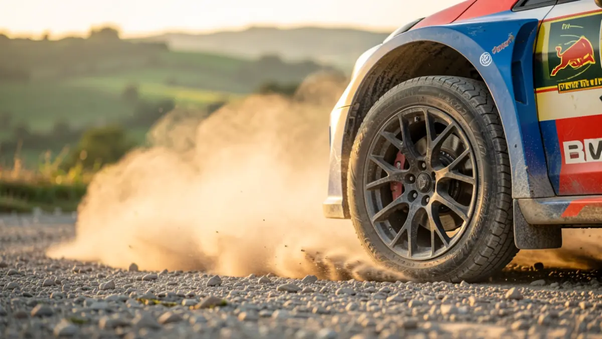 Imaxe xenérica dun coche de rally sobre terra con paisaxe galega ao fondo.