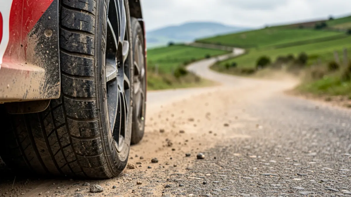 Primera plana de un neumático de rally en una carretera de asfalto sinuosa y polvorienta en Galicia, con colinas verdes y un cielo ligeramente nublado al fondo.