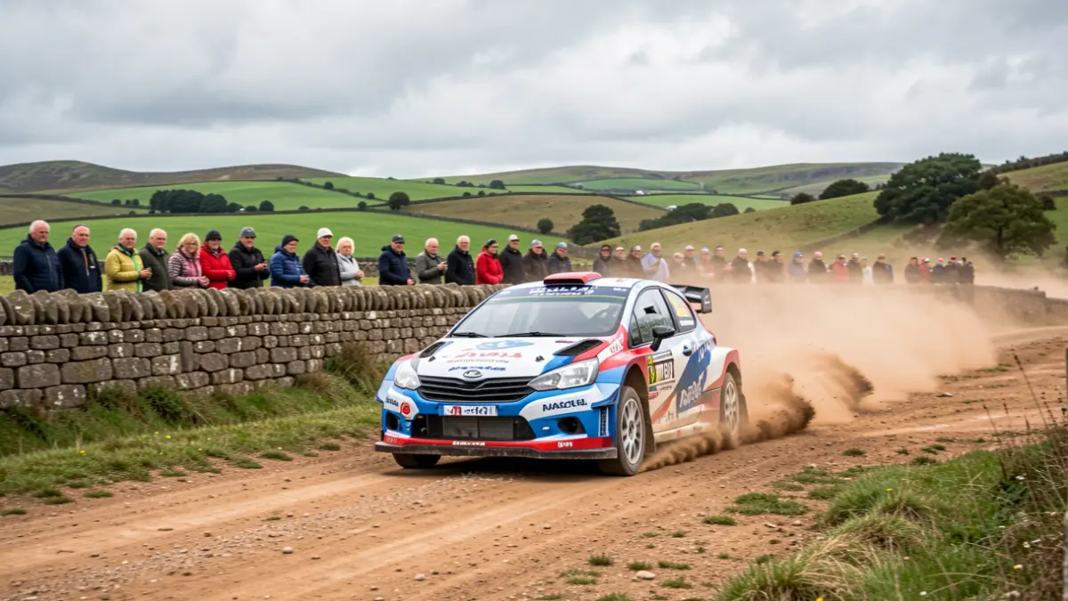 Imaxe dun coche de rally correndo nunha pista de terra en Galicia.
