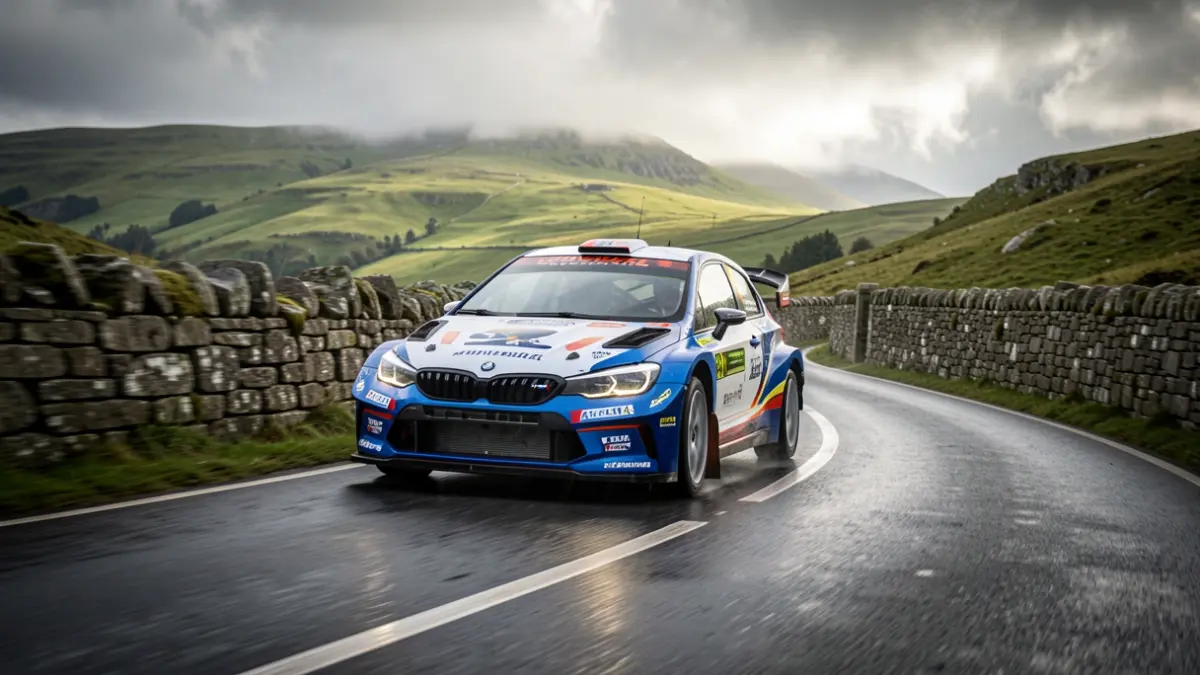 Imagen de un coche de rally corriendo en una carretera gallega.