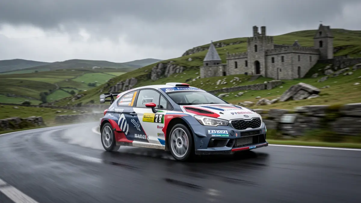 Imaxe xenérica dun coche de rally correndo nunha estrada galega con arquitectura de granito ao fondo.