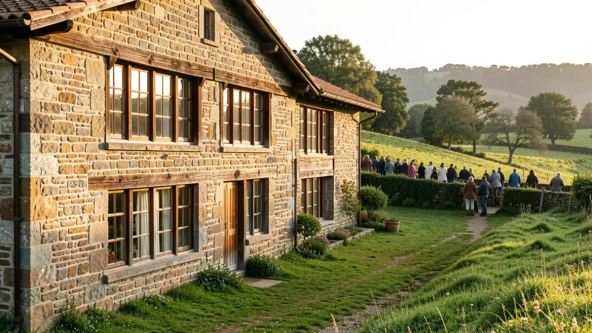 Imaxe dunha casa tradicional galega rodeada de natureza.