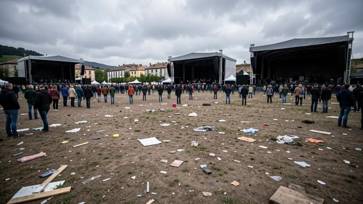 Imaxe dun recinto de festival baleiro e pechado en Galicia baixo un ceo nubrado.