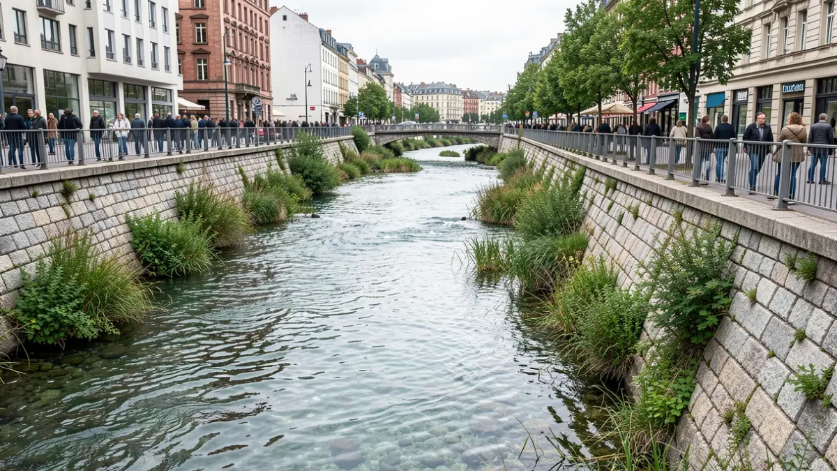 Imaxe dun río parcialmente descuberto atravesando unha cidade, con beiras de pedra de granito e vexetación verde, simbolizando a renaturalización urbana.