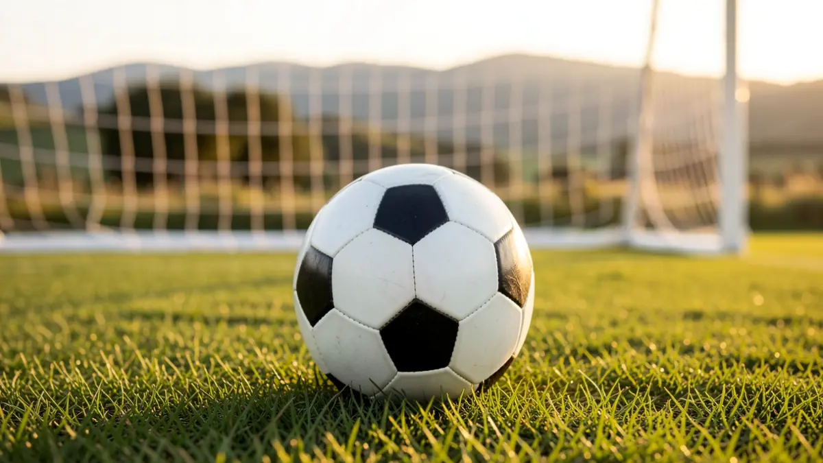 Imaxe xenérica dun balón de fútbol sobre herba cunha rede de meta desenfocada ao fondo.