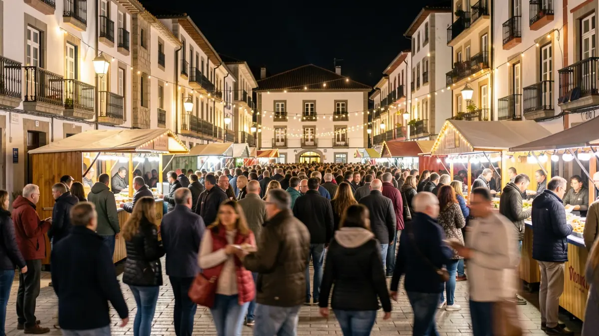 Imagen genérica de un festival nocturno en una plaza gallega con gente y luces.