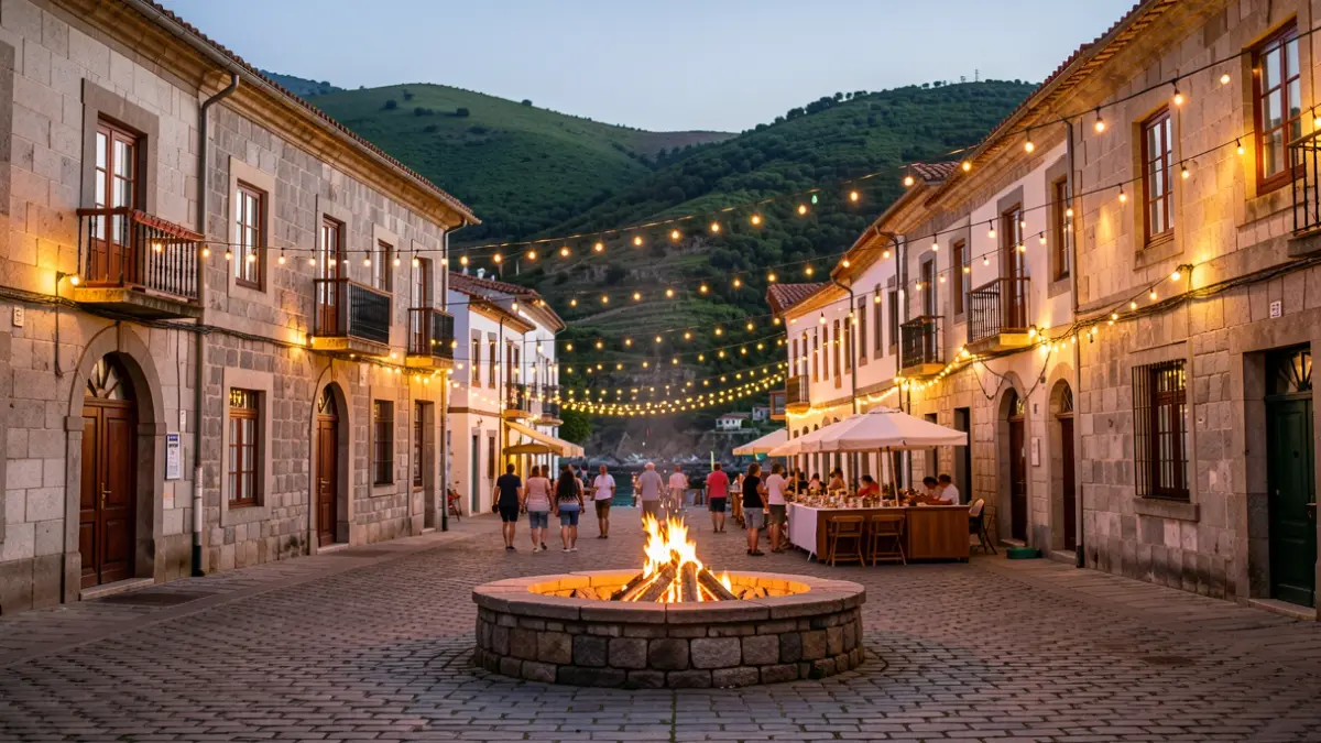 Imagen genérica de una plaza gallega decorada para una fiesta de verano al anochecer, con luces y una hoguera en el centro.