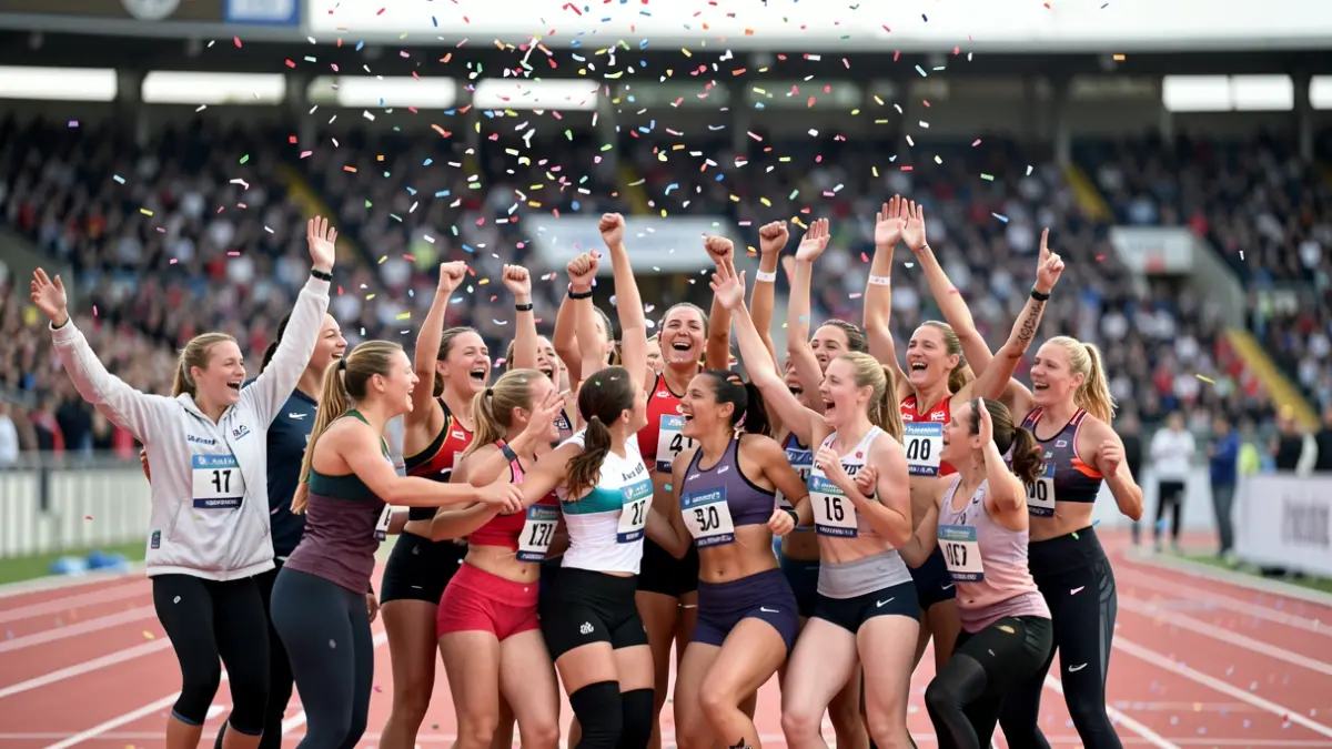 Imaxe xenérica de mulleres atletas celebrando nunha pista de atletismo.