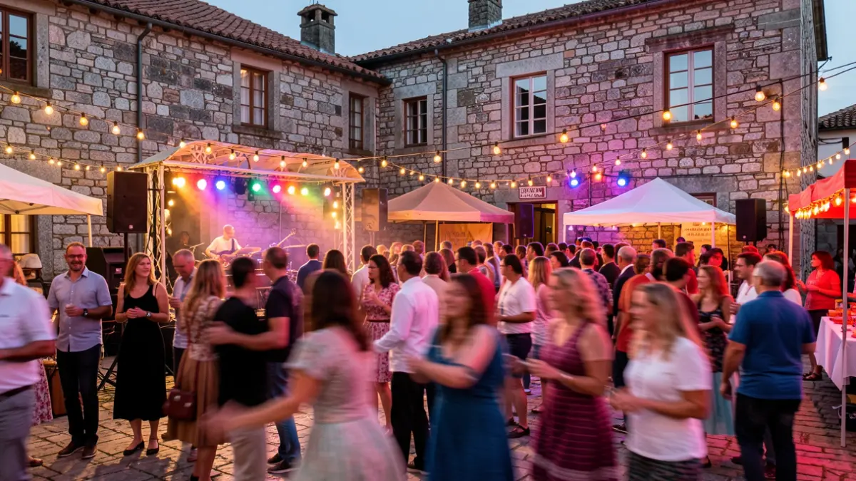 Imagen genérica de una fiesta popular gallega al anochecer con gente bailando y luces de colores.