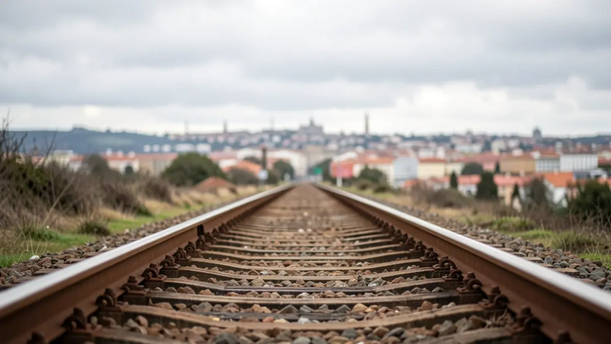 Imaxe xenérica de vías de tren que se perden á lonxe cara a unha cidade nubrada.