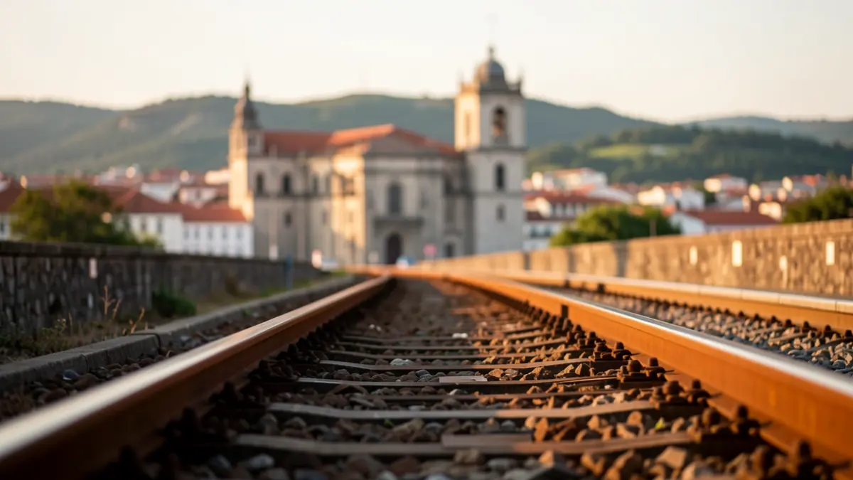 Imaxe xenérica de vías de tren que se dirixen cara a unha cidade galega.