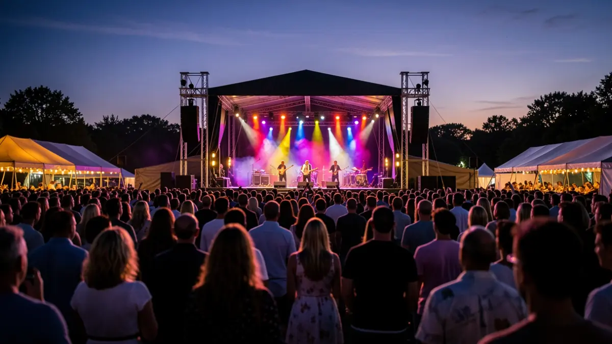Imaxe xenérica dun festival de música ao aire libre con luces e público.