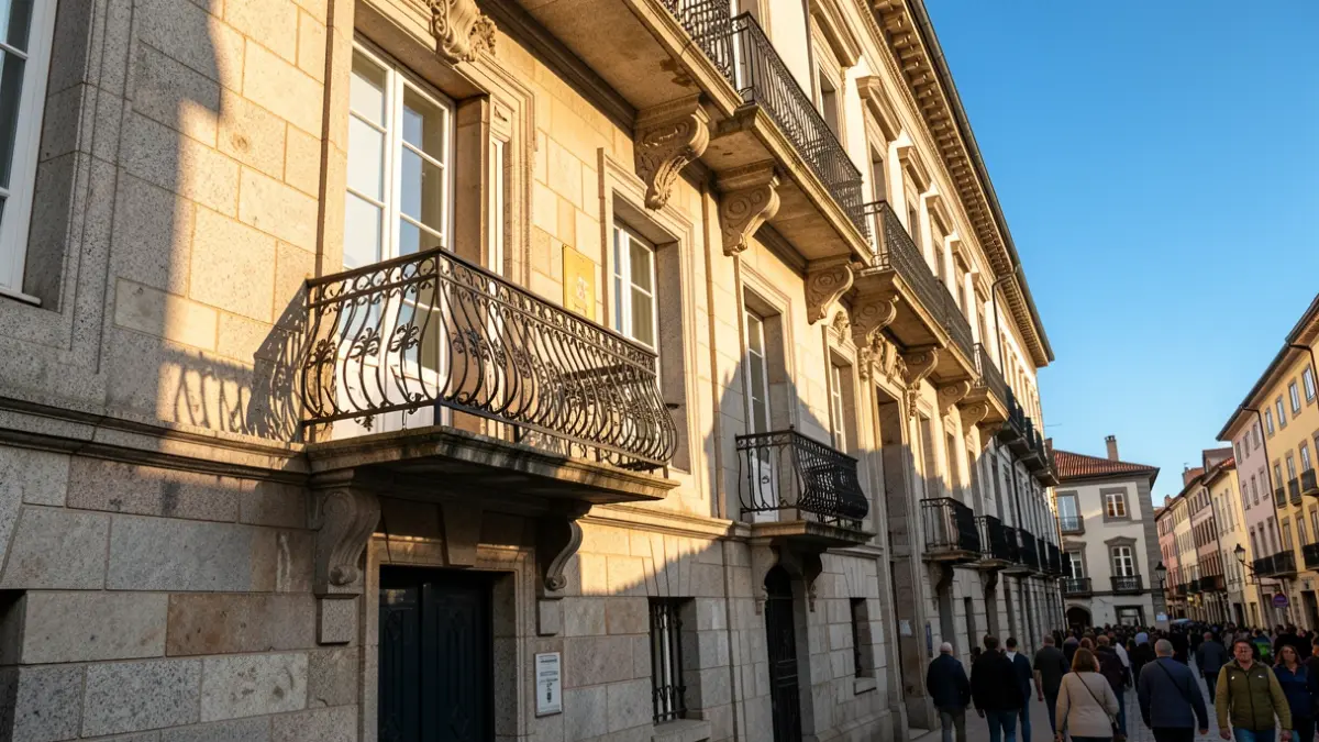 Imaxe xenérica dun concello galego con balcón e raís de ferro, luz solar da tarde.