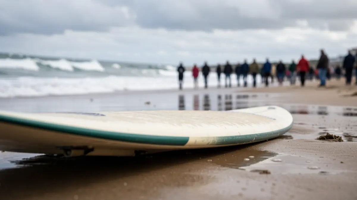 Primeira plana dunha prancha de surf sobre area mollada, coas ondas do Atlántico desenfocadas ao fondo baixo un ceo nubrado.