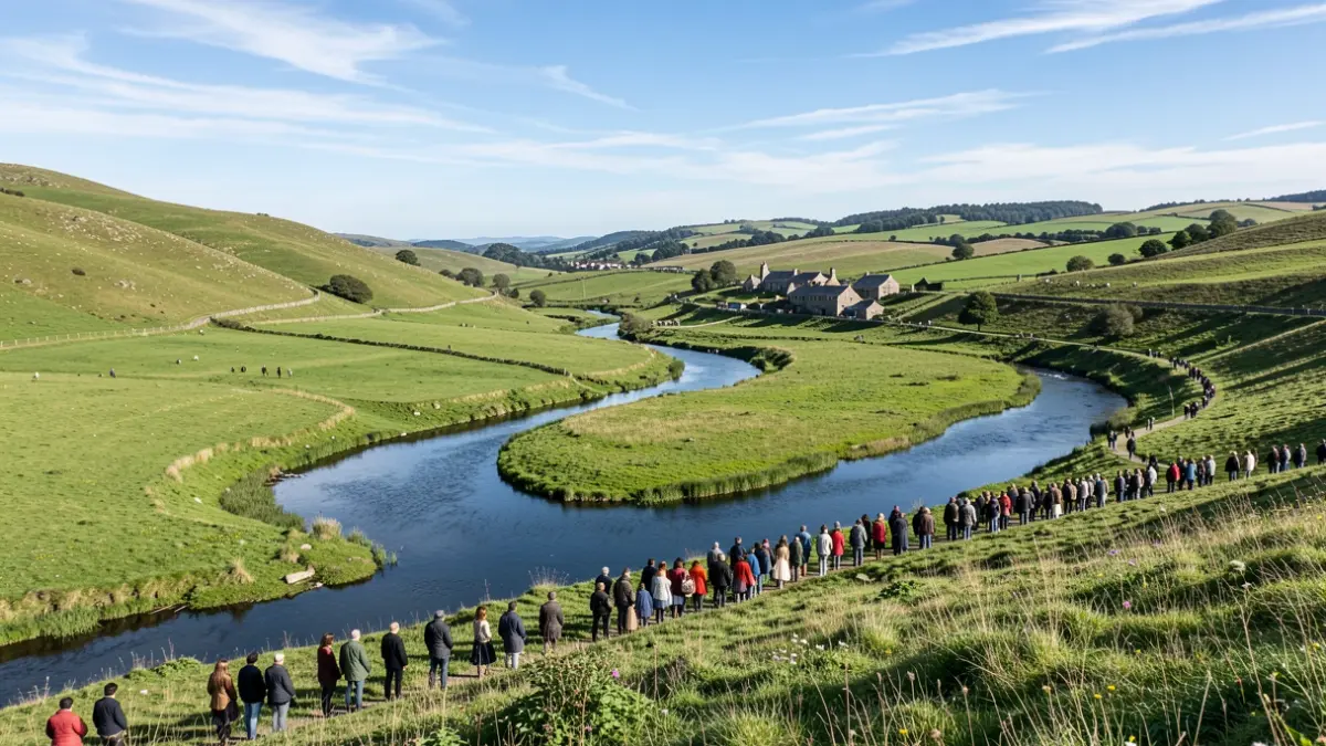 Imaxe xenérica do val do río Támega en Galicia, con prados verdes e unha vila ao lonxe.
