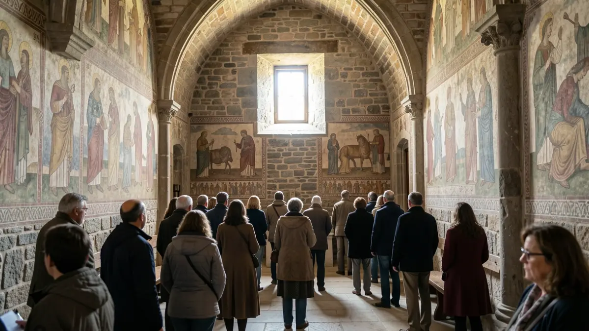 Interior del Santuario de las Virtudes en Ribadeo con sus pinturas murales del siglo XVI.