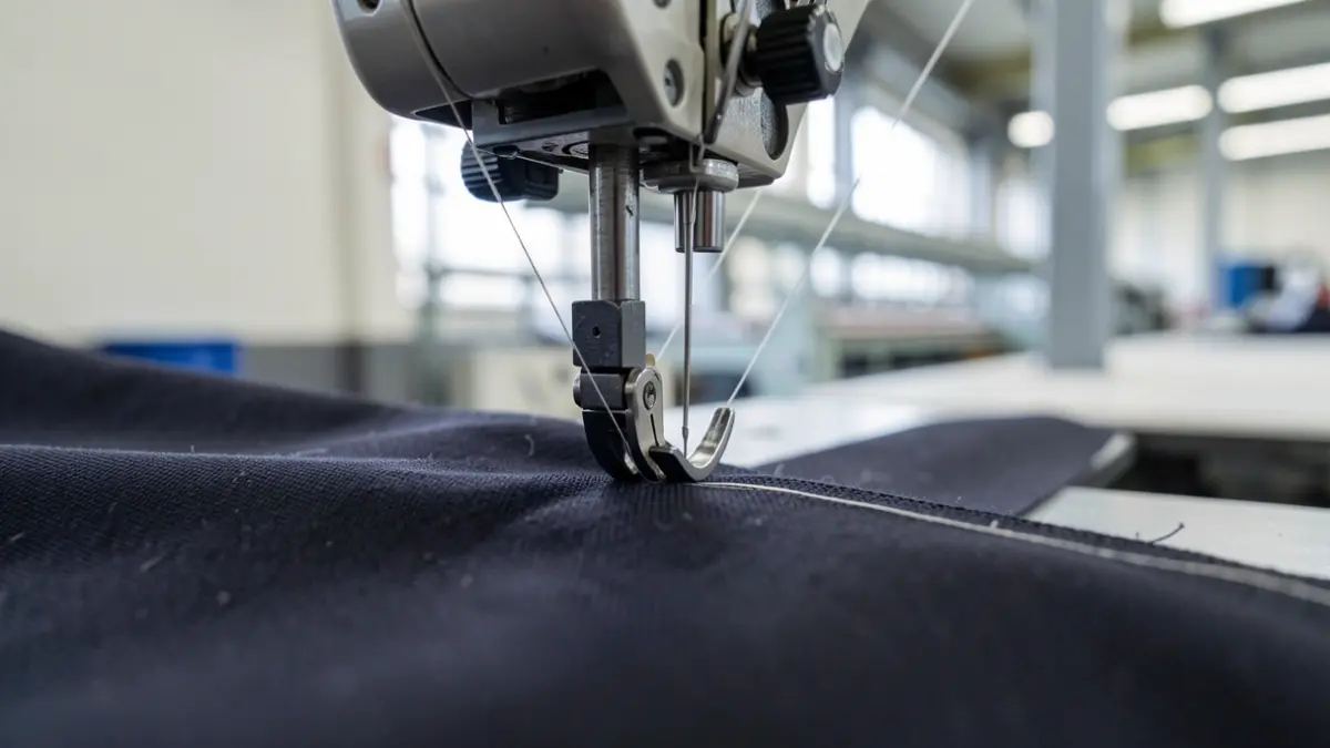 Primer plano de una máquina de coser moderna, enfocando la aguja y la tela.