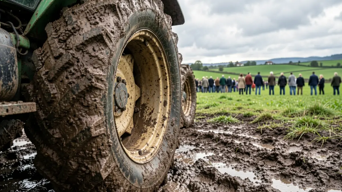 Primer plano de un tractor en un paisaje rural gallego.