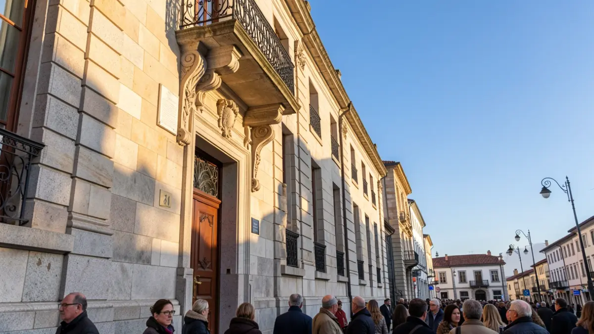Imaxe xenérica dunha casa consistorial de granito galega con balcón ornamentado e raís de ferro, luz solar cálida da tarde.
