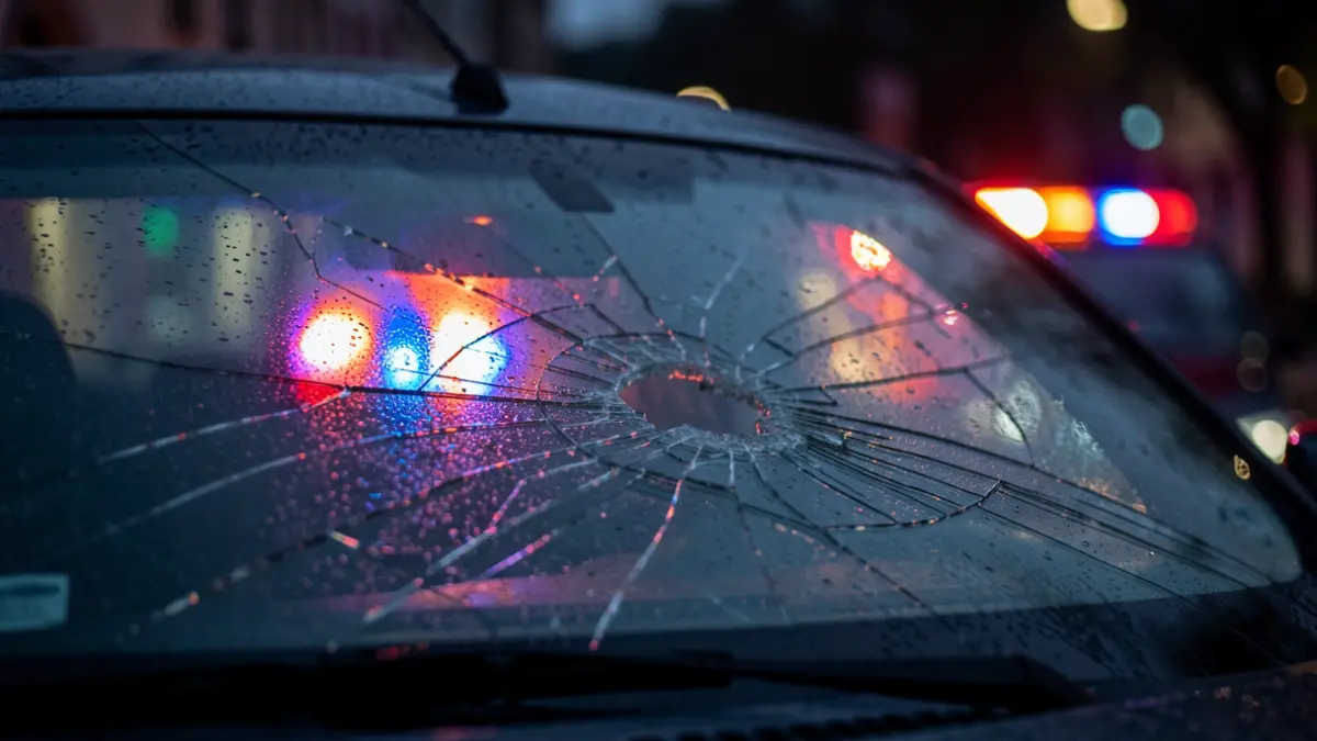 Primera plana de un coche accidentado con luces de emergencia borrosas.