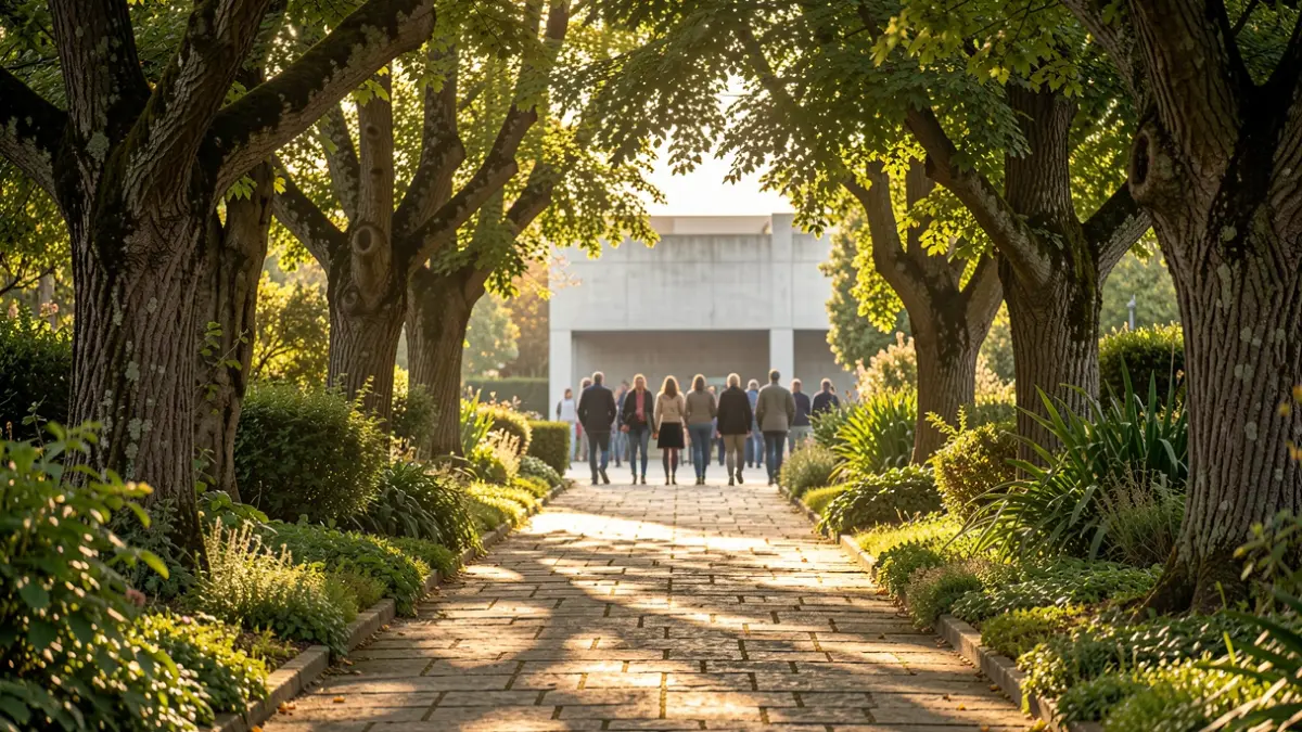 Camino en un jardín de Ourense con árboles y una estructura de cemento al fondo.
