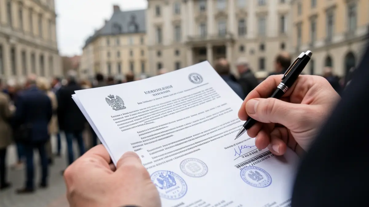 Imagen de un documento legal con sello oficial y una mano con bolígrafo.