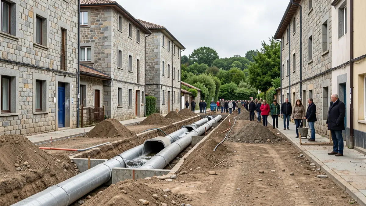 Imagen genérica de obras de construcción de una nueva tubería de pluviales en una calle residencial de Galicia con edificios de piedra y vegetación.