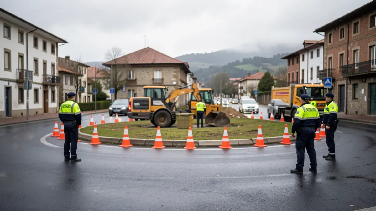 Imagen genérica de obras de asfaltado y tráfico regulado por policía.