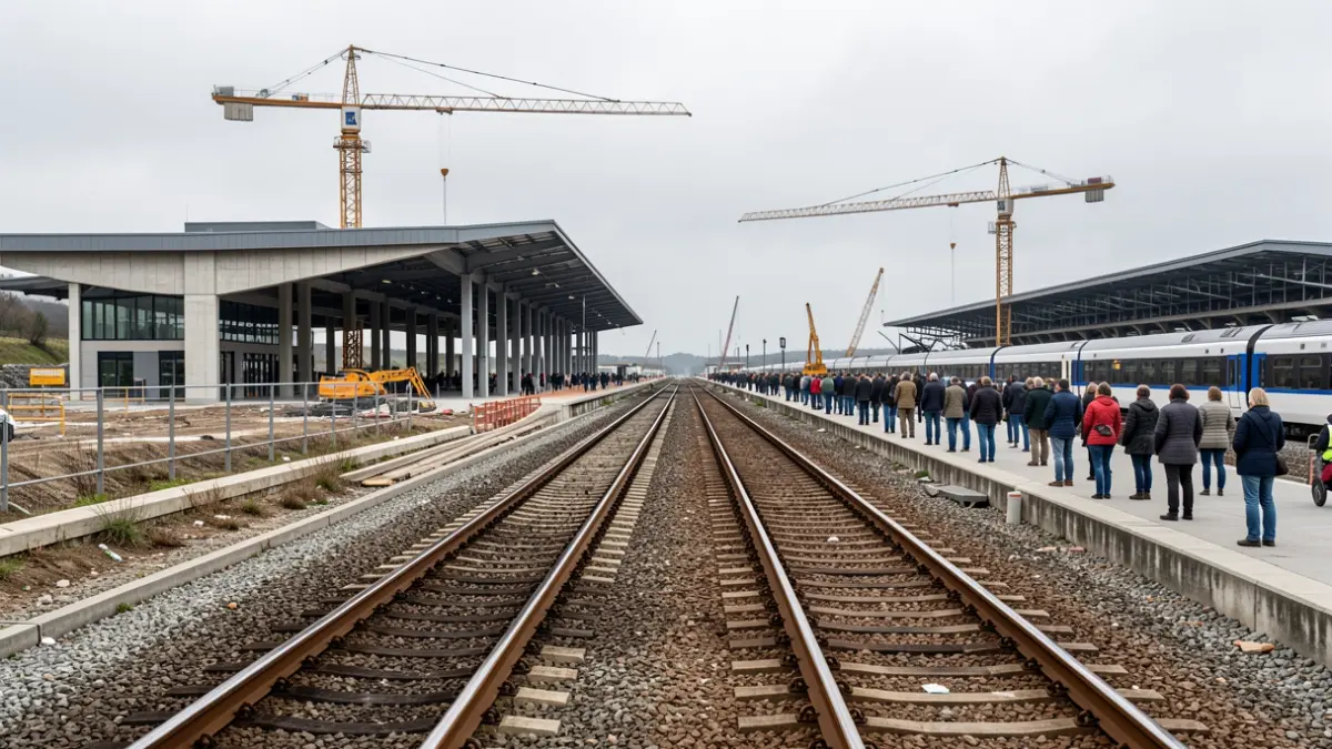 Imaxe xenérica de vías de tren e unha estación en construción.