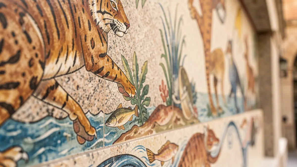 Detalle de un mural de fauna exótica y temática marina, al estilo de Urbano Lugrís.