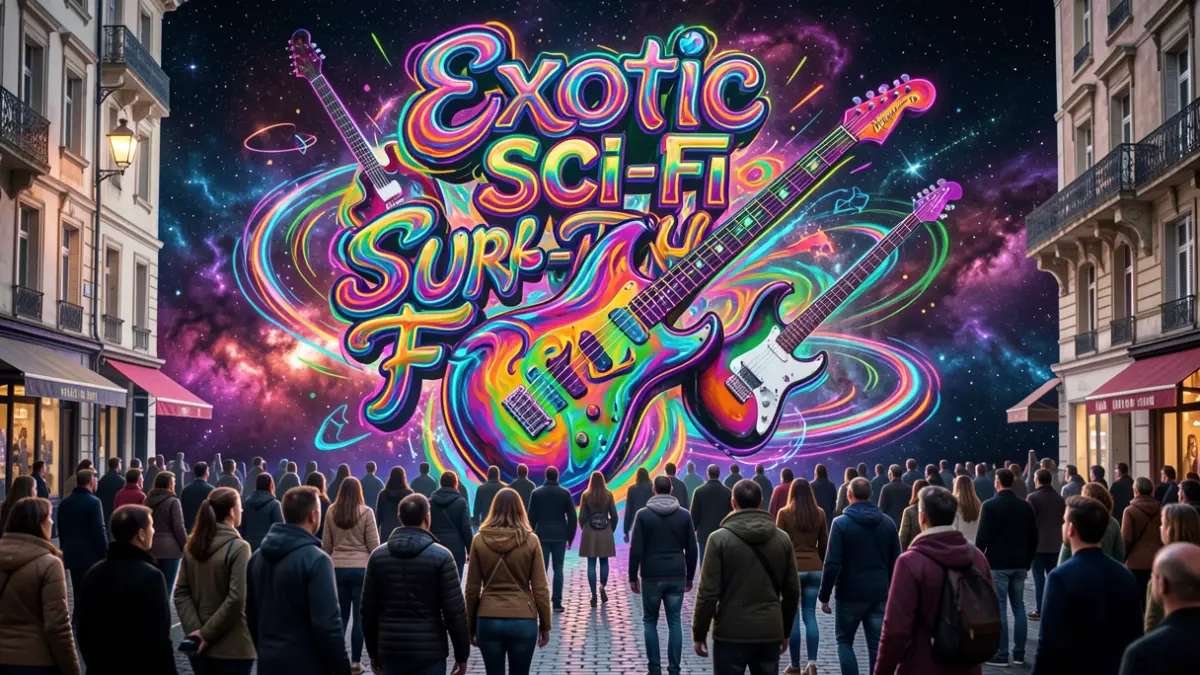 Imaxe xenérica de música 'Exotic Sci-Fi Surf-Punk Freaks' con cores vibrantes e elementos abstractos.