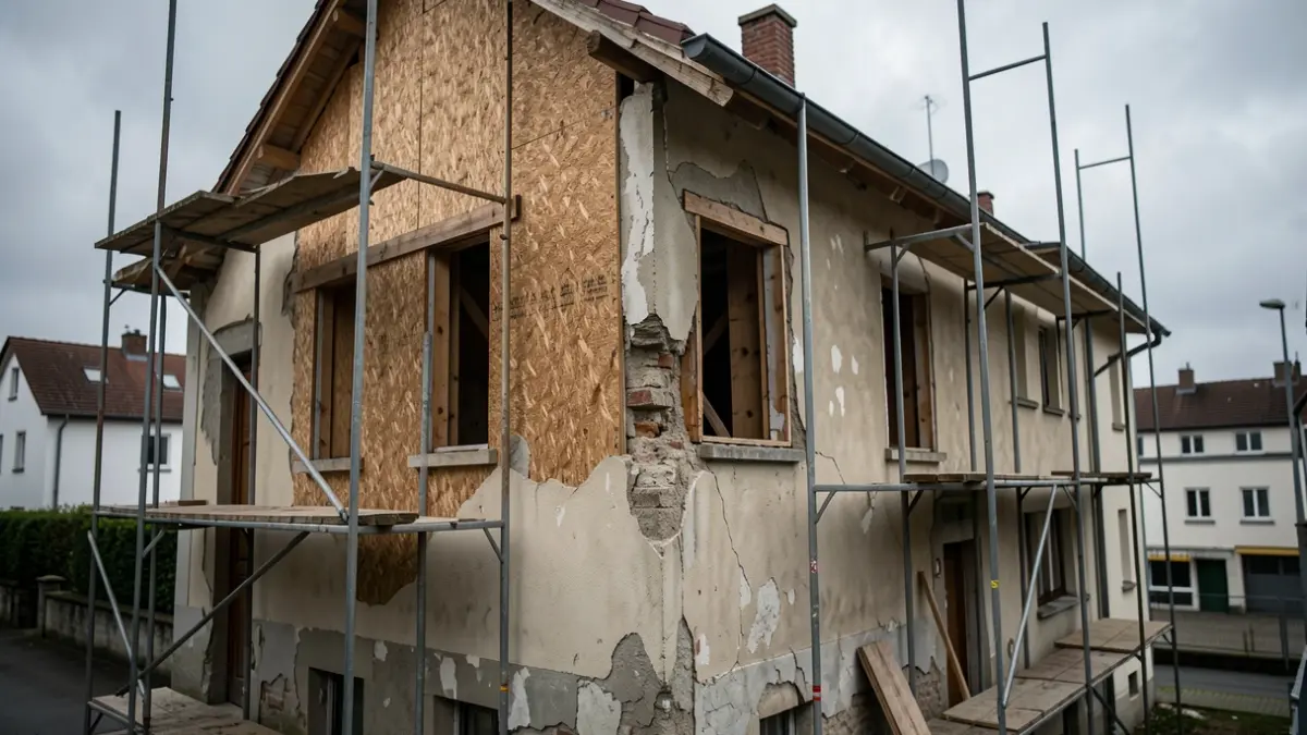Imaxe dun edificio con táboas e andamios, con signos de danos recentes.