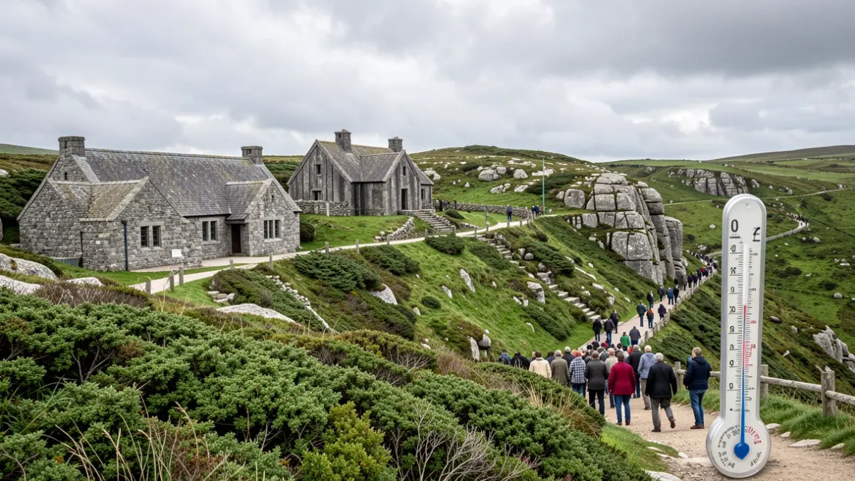 Imagen genérica de un paisaje gallego con arquitectura de granito y vegetación atlántica bajo un cielo nublado, con un termómetro marcando alta temperatura.