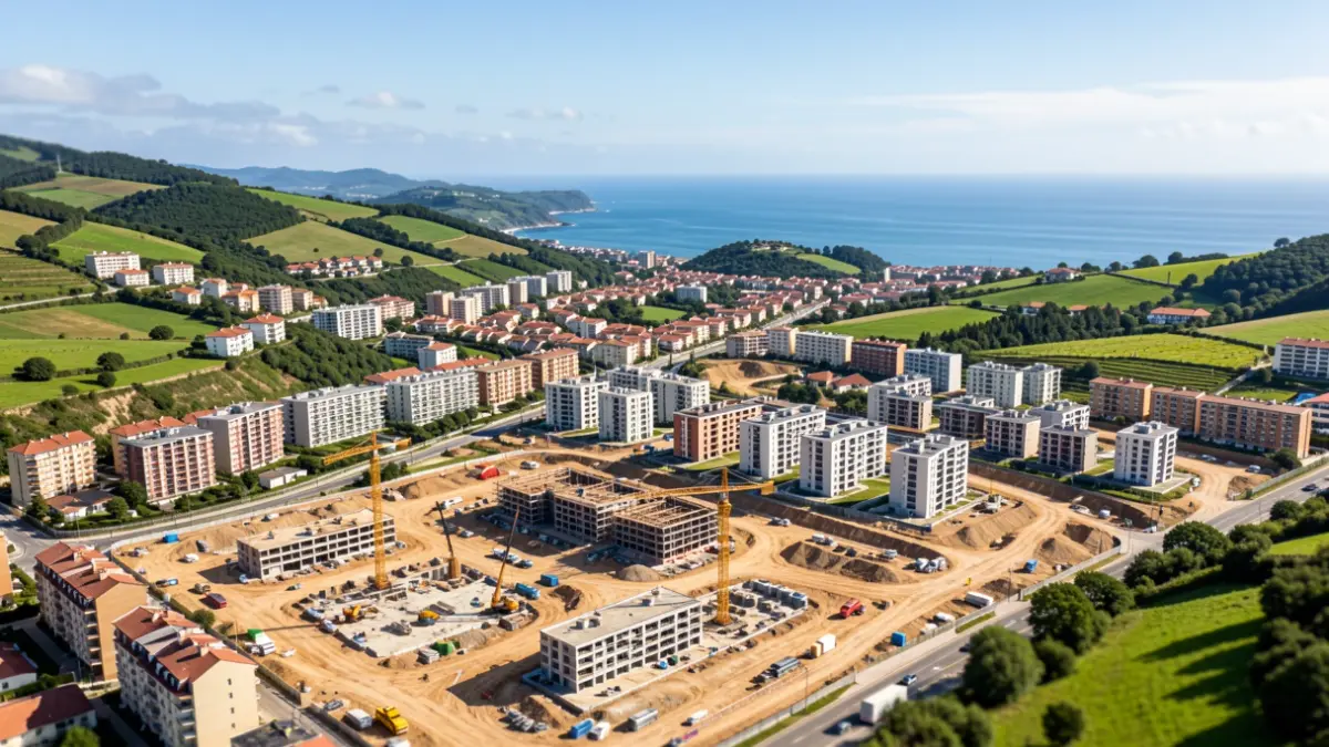 Vista aérea dunha zona urbana en desenvolvemento en Galicia con guindastres e bloques de vivendas.