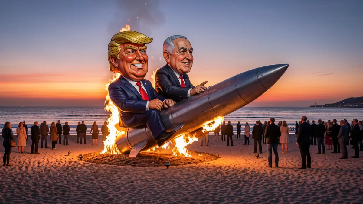 Imagen de una falla satírica con caricaturas de Donald Trump y Benjamin Netanyahu montados en un misil hacia el atardecer, en una playa al anochecer.