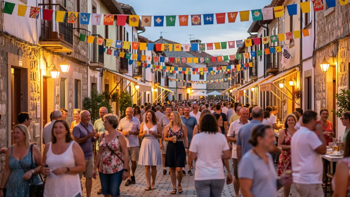 Imaxe xenérica dunha festa popular en Galicia con xente e decoración festiva.