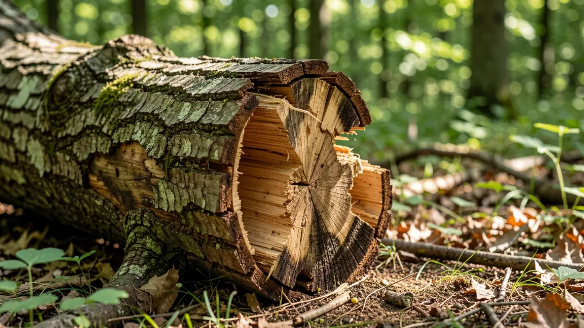 Primer plano de un tronco de árbol destrozado en el suelo de un bosque.