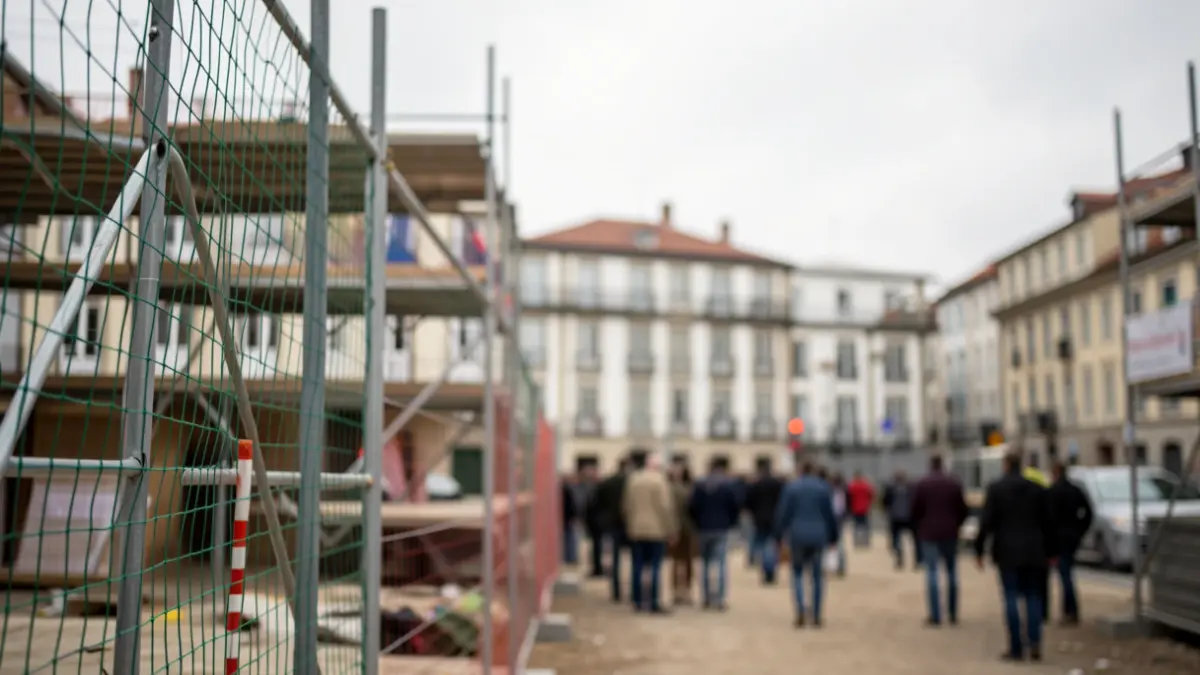 Imagen genérica de una obra en construcción con andamios y red de seguridad.