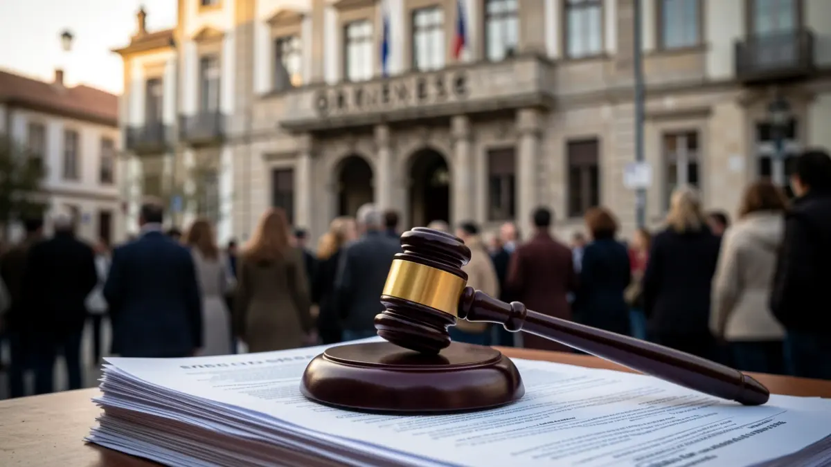 Imaxe dun mazo de xuíz sobre documentos legais co Concello de Ourense ao fondo.