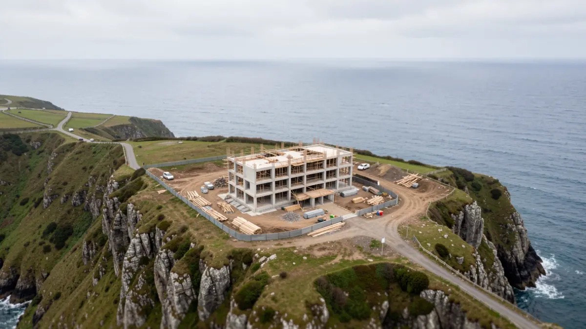 Imaxe aérea dun edificio a medio construír nunha costa de Fisterra.