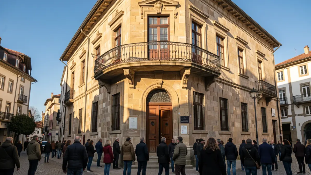 Imagen genérica de un ayuntamiento gallego de piedra con balcón ornamentado.