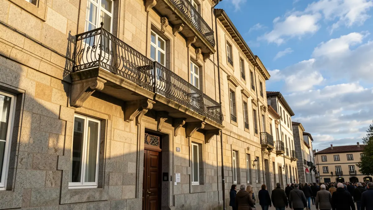 Imagen genérica de la fachada de un ayuntamiento de granito en Galicia con balcón y barandillas de hierro, luz solar de la tarde.