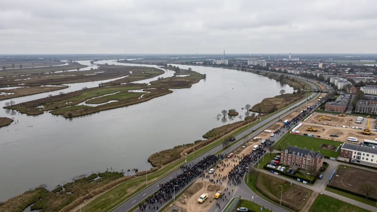Vista aérea de un río con desarrollo urbano y zonas inundadas.