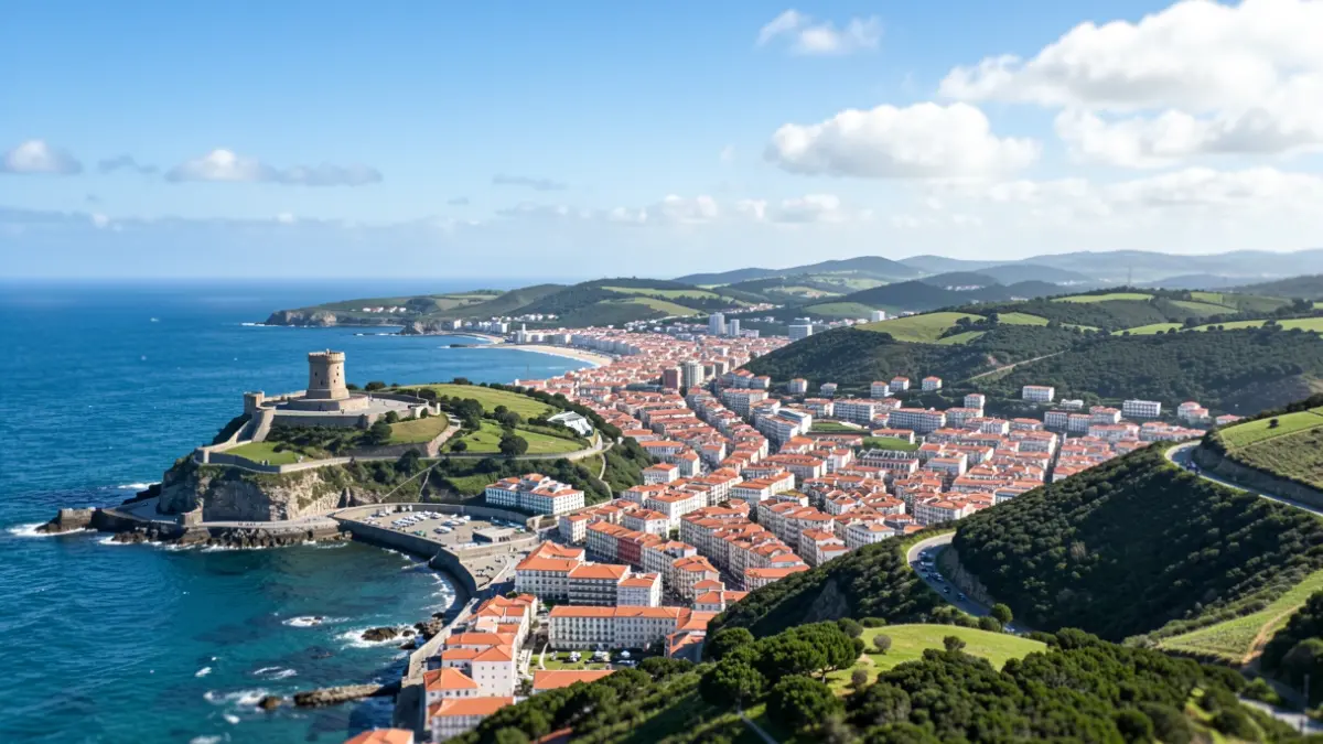 Vista aérea de la costa de A Coruña con la Torre de Hércules y la expansión urbana hacia los municipios vecinos.