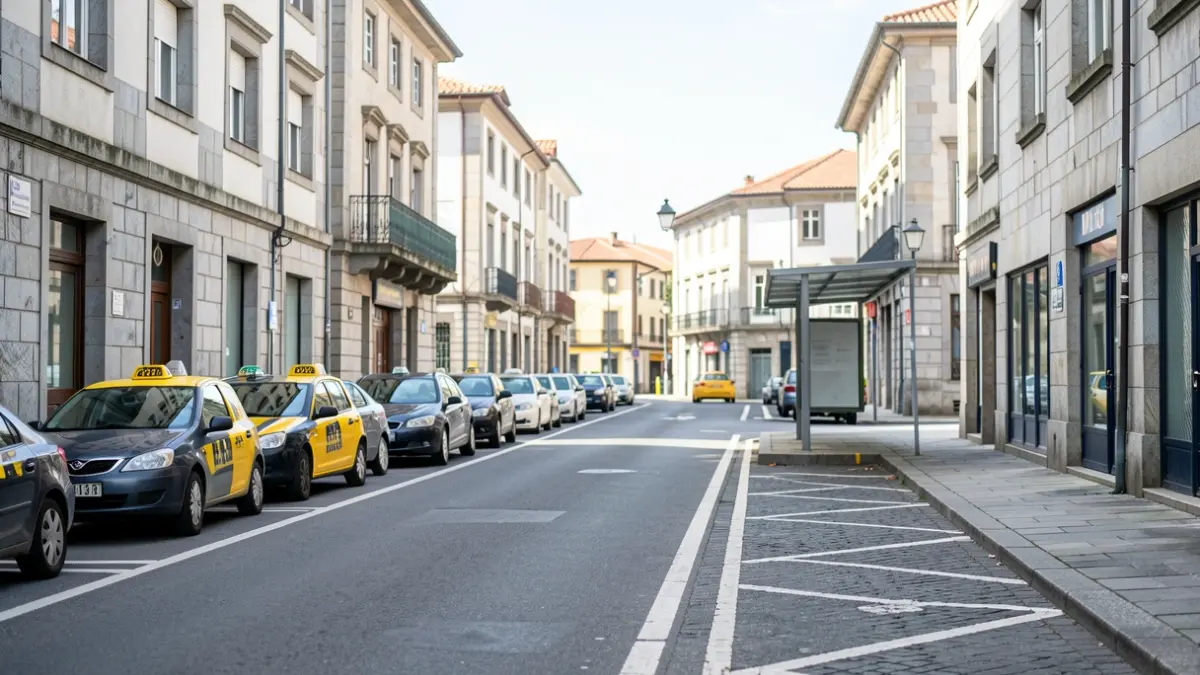 Imagen de una parada de taxis en el Parque de San Lázaro en Ourense, con la zona de carga y descarga claramente delimitada.