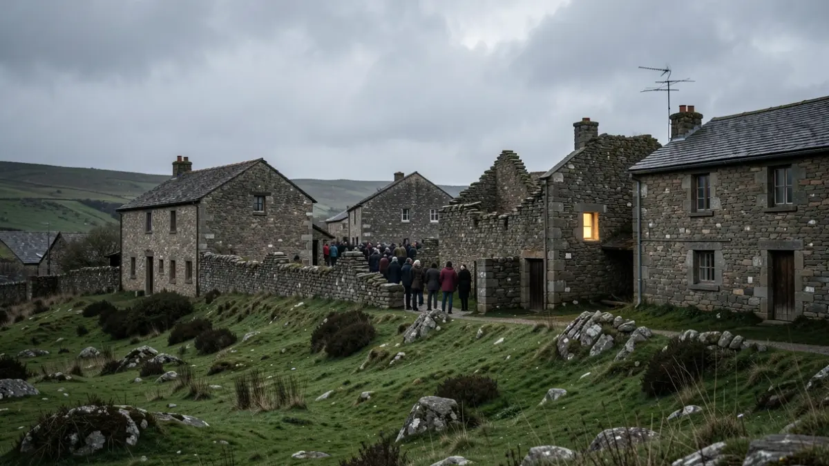 Imaxe xenérica dunha aldea galega deshabitada con casas de pedra e un ceo nubrado.