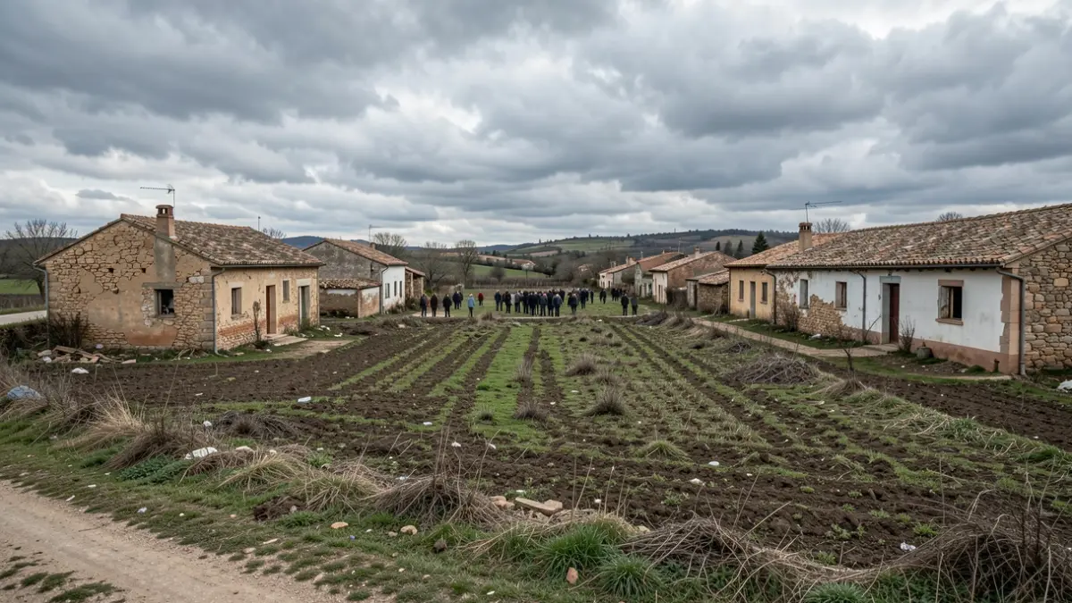 Imaxe xenérica de declive demográfico nunha provincia rural española, con casas baleiras e terra abandonada.