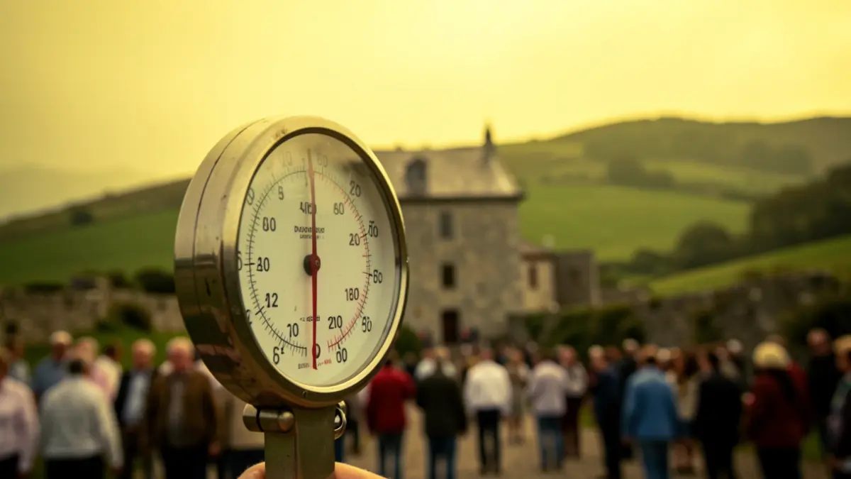 Imaxe xenérica dun termómetro marcando unha temperatura moi alta cunha paisaxe galega borrosa ao fondo.