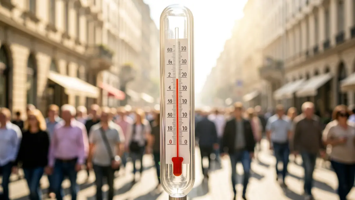 Imaxe xenérica dun termómetro marcando unha temperatura moi alta, cun fondo urbano difuminado baixo un sol abrasador.