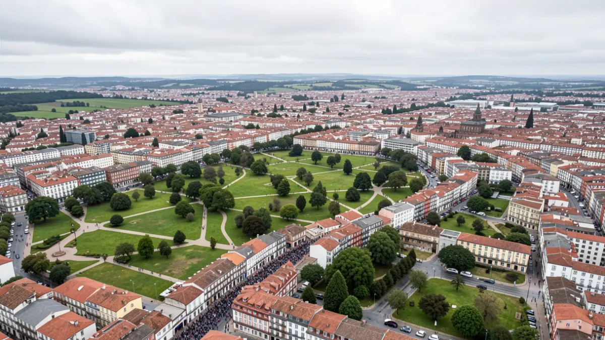 Imaxe aérea da cidade de Ourense, mostrando a escaseza de zonas verdes e a predominancia do urbanismo.